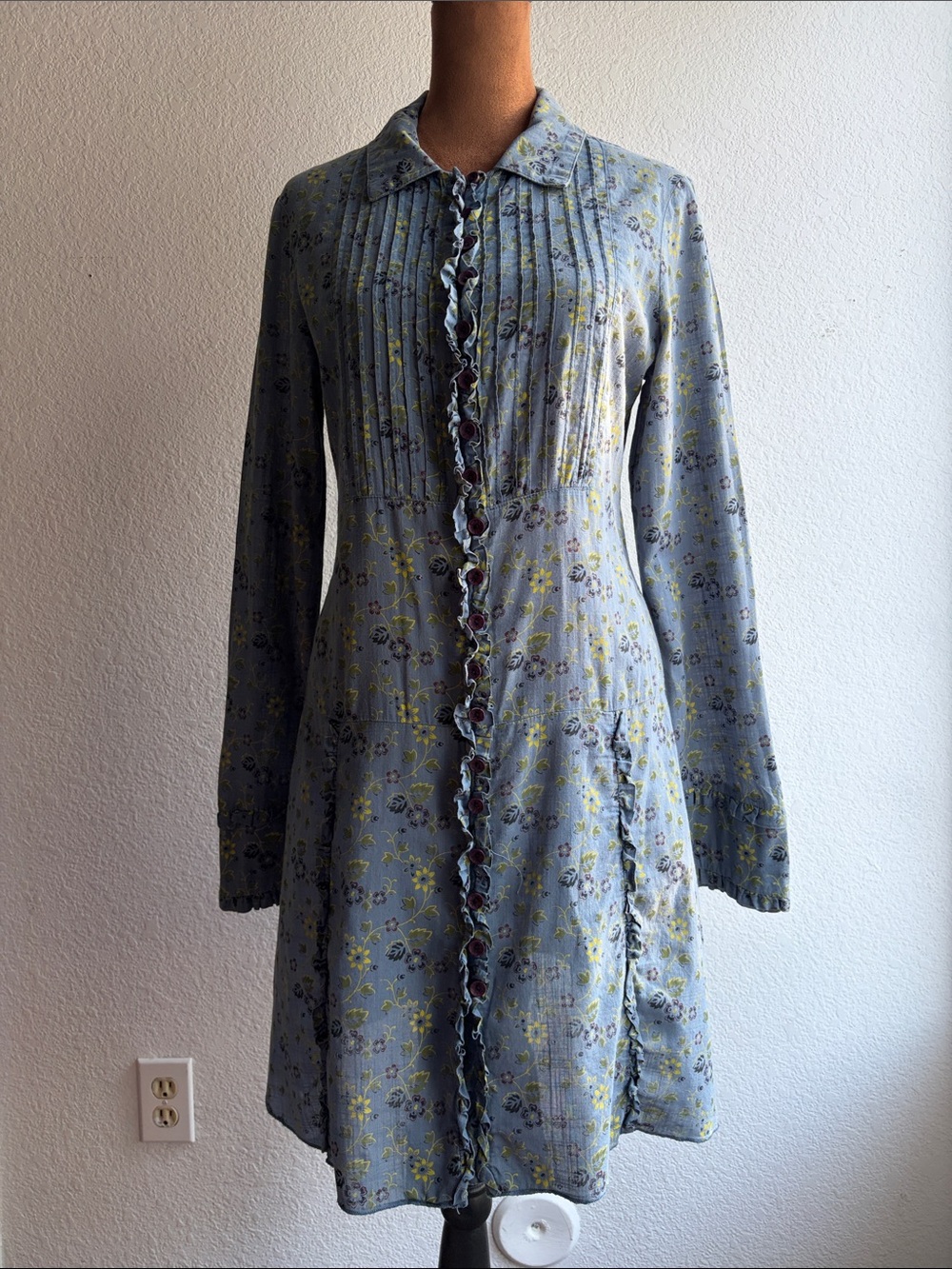 Vintage Free People Dress Sz 6 Blue Floral Button Down Ruffled, Pin-Tuck Fall